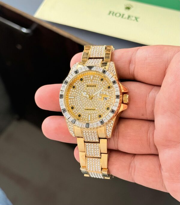 Rolex Submariner Style Gold Diamond Watch – Luxury Iced-Out Design with Date Display